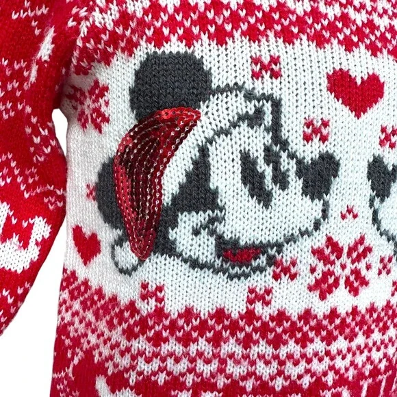 Disney Minnie Mouse Sweater Kids 18M Red White Festive Holiday Sequin Knit Top - Picture 2 of 11